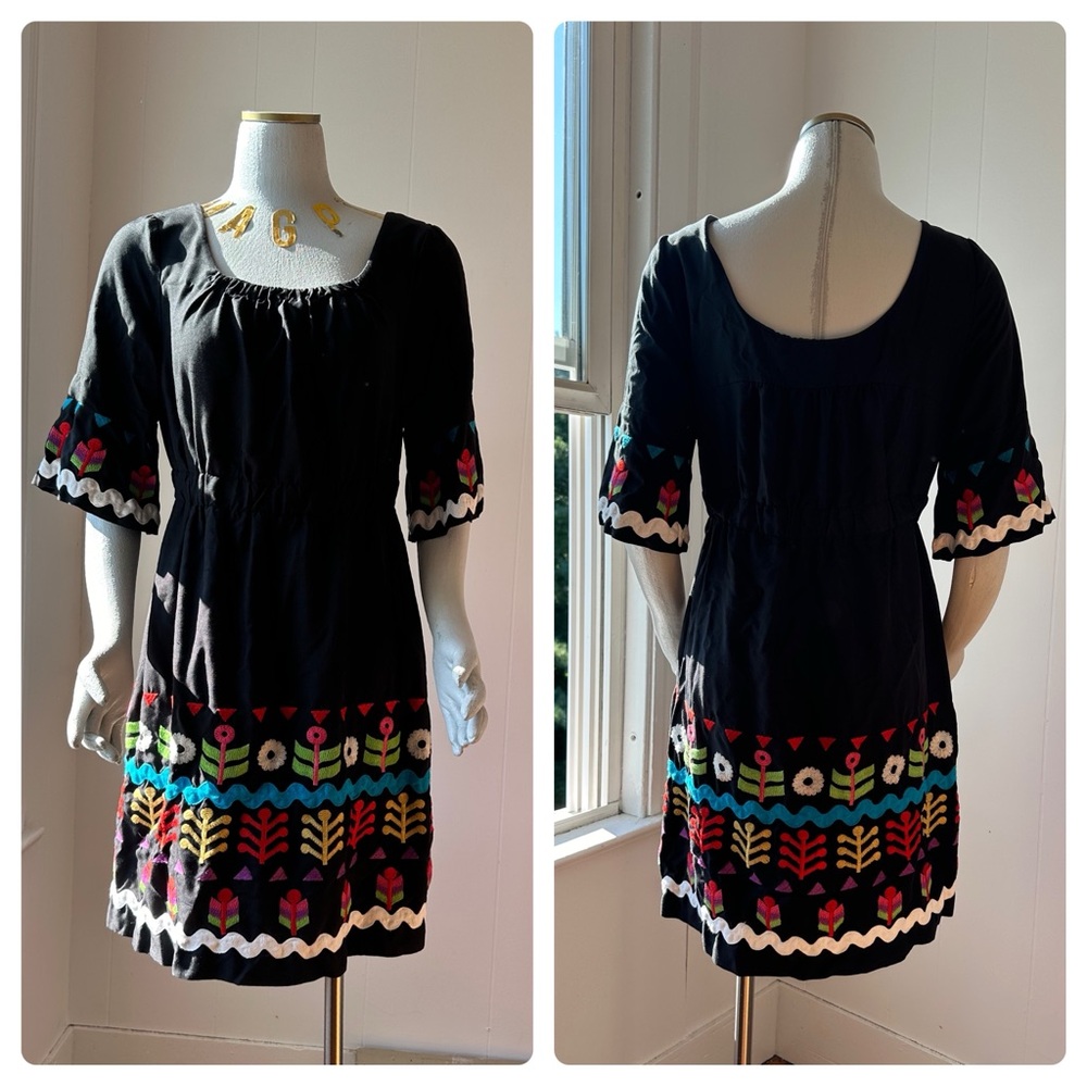 PHOEBE COUTURE Silk Floral Embroidered Dress, Bell Sleeve, Full Skirt